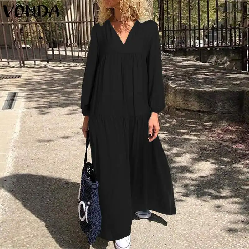

Vintage Women Maxi Long Dress VONDA 2021 Autumn Long Lantern Sleeve Swing Ruffle Party Dress Female Casual Loose Holiday Vestido