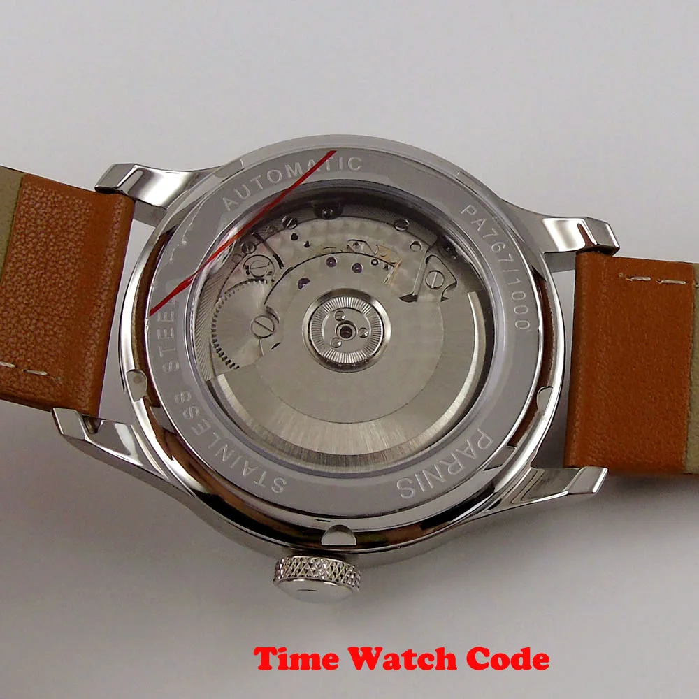 Мужские автоматические часы PARNIS с маховиком белый циферблат индикатор заряда даты полированные синие