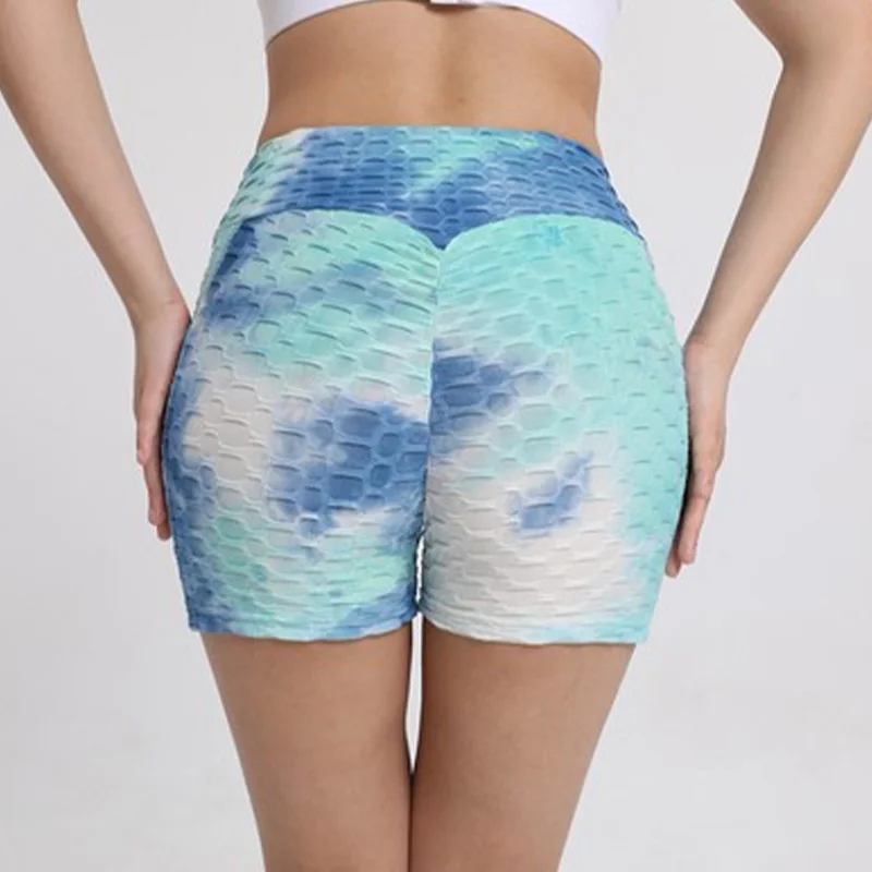 

2021 New Summer Tie-dye Bubble Fitness Sports Shorts Women Jacquard High-waisted Push Up High Stretchy Shorts Women's Pants