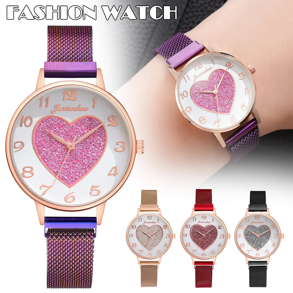 Модные кварцевые часы со стальным сетчатым ремешком с сердечком и круглым