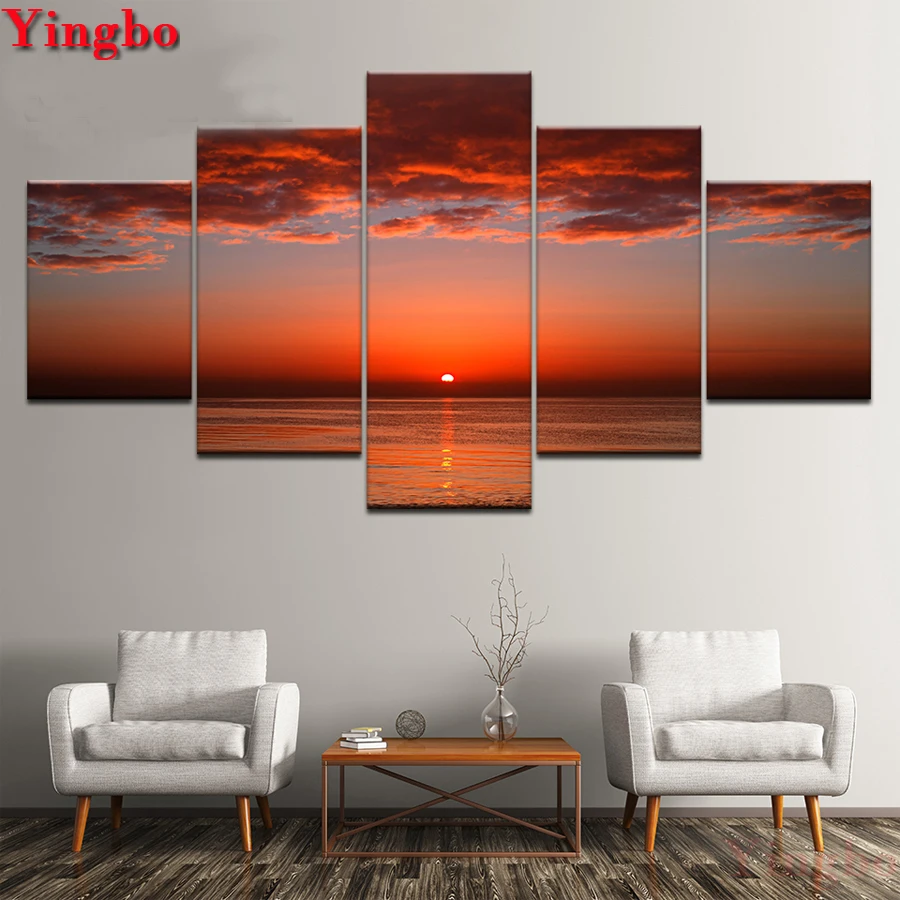 

Photo Custom New Full Square Drill 5D Diamond Painting 5 Pieces Sea View Sunset Landscape Cross Stitch Mosaic Embroidery beads