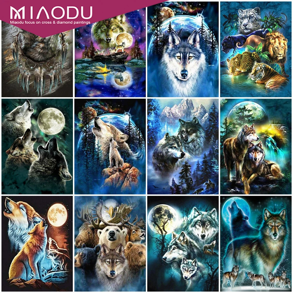 

Dbqp Diamond Painting Animals Wolf Cross Stitch Full Square Drill Diamond Embroidery Mosaic Moon Home Decor