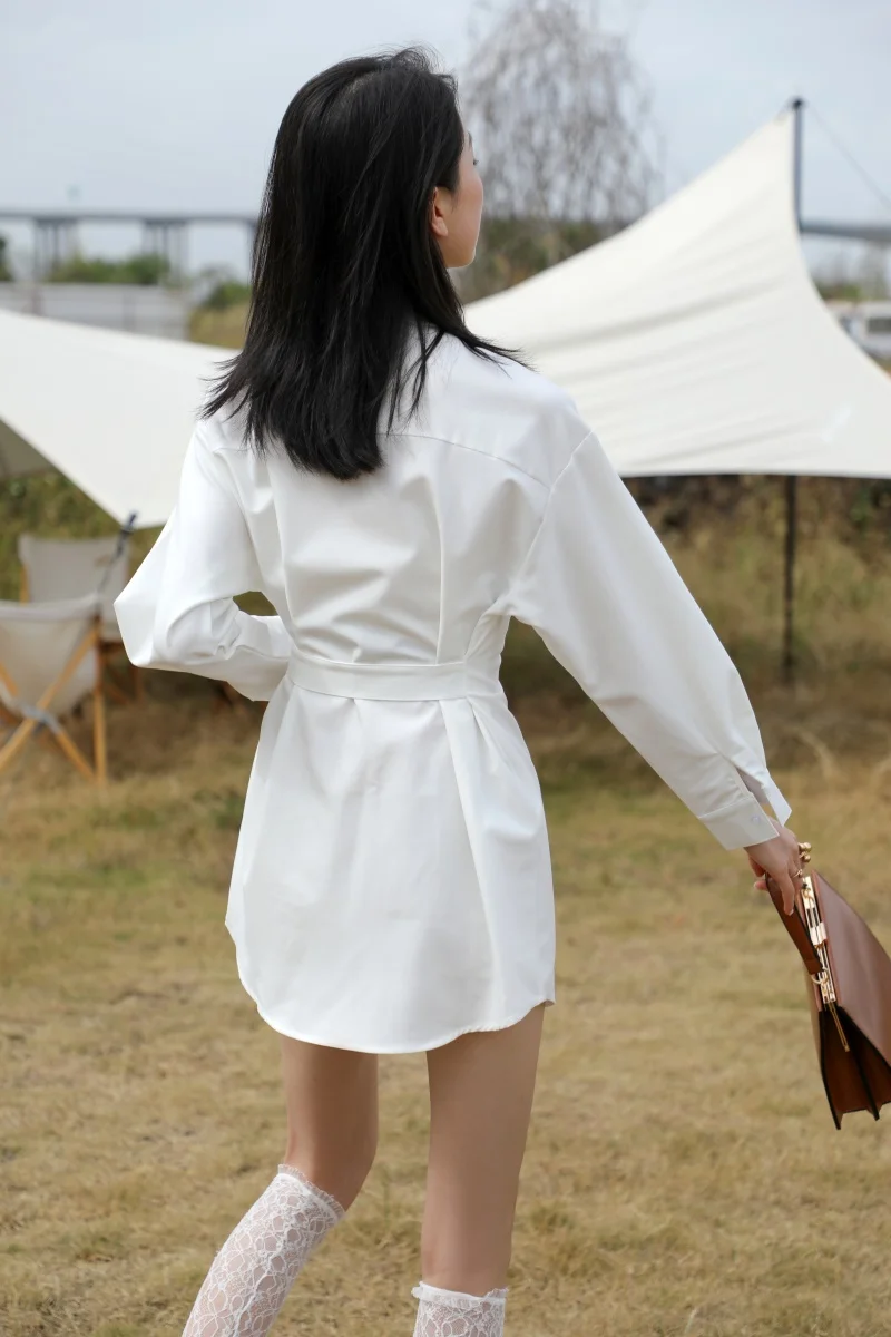 

Bornladies Autumn White Designer Long Shirt Cat Print Lace Up Long Sleeve Women Top And Blouse Button Up Shirt Korean Fashion