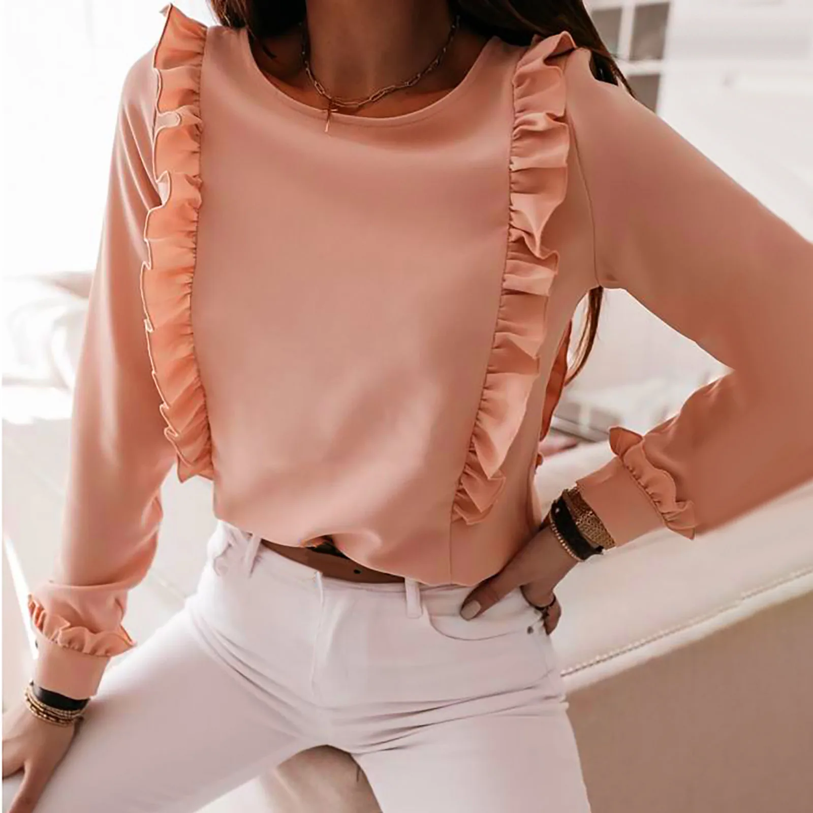 

Fashion Blouses Women Solid Color Long Sleeve Comfortable Breathable O-Neck Shirt Tops camisa mujer рубашка женская