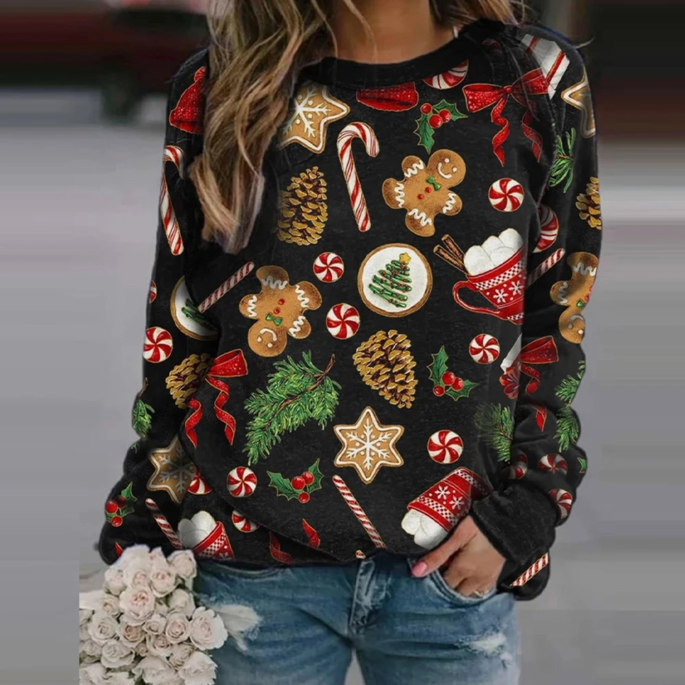 

Christmas Pattern Women's T-shirt Fashion Lady Merry Christmas New Year Cartoon Tee Shirts Female Clothing Long Sleeve Pullover