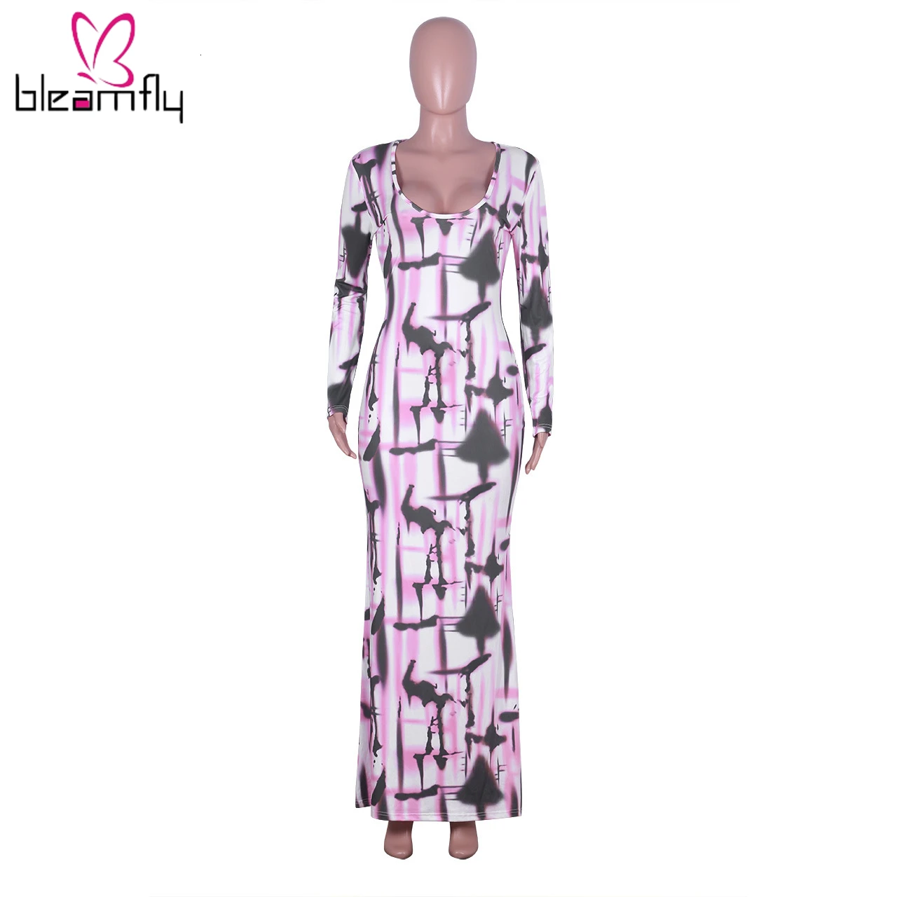 Новинка 2019 женское осеннее платье с высоким разрезом принтом в полоску длинным