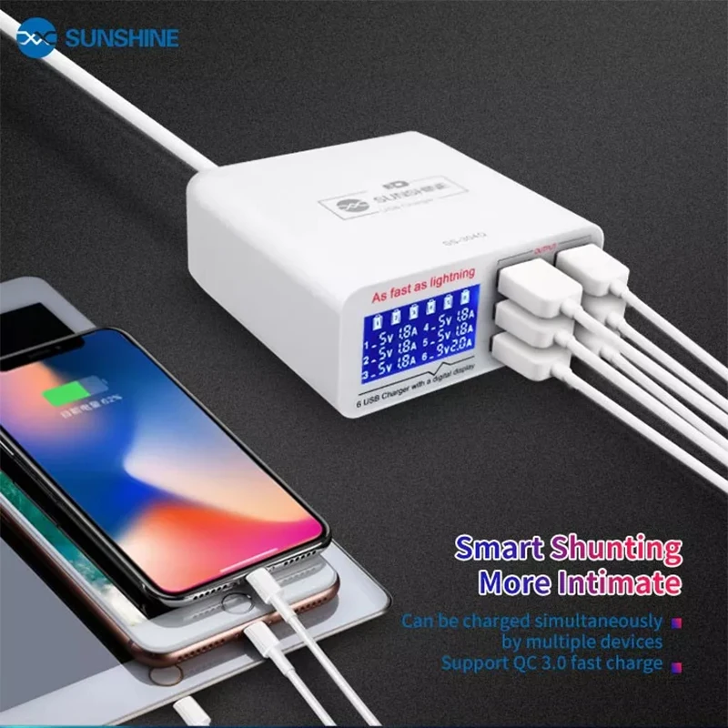 SUNSHINE последний QC 3,0 5V 2.0A зарядное устройство с шестью отверстиями для мобильного телефона Быстрая зарядка источник питания отображение напряжения тока usb-устройства
