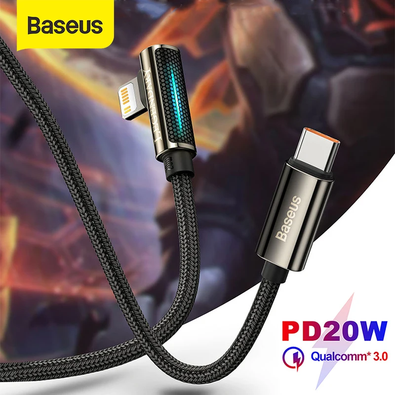

New Baseus LED 20W PD USB Type C Cable 90 Degree Fast Charging Charger for iPhone 12 11 Pro Max XR Mobile Phone Data Wire Cord