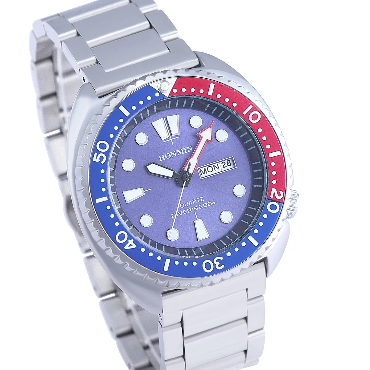 

HONMIN Men's PADI Water Ghost Quartz Watch Silver Strap Black Red Orange Frame