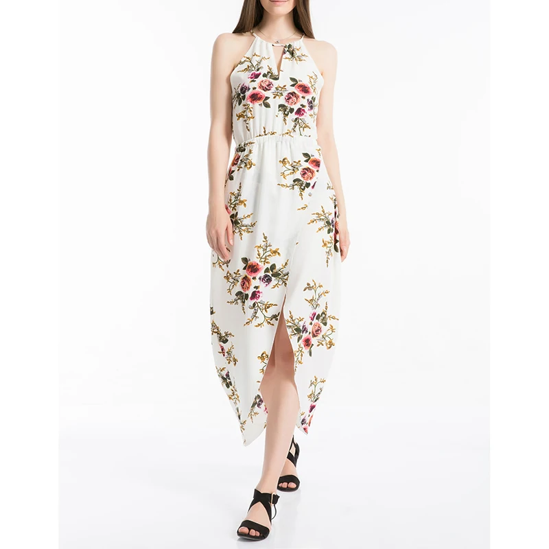 

Covrlge Women Cut Out Floral Asymmetric Dress Sleeveless Hanging Neck Ankle-Length Beach Women Summer Dress Casual Cloth WQW009