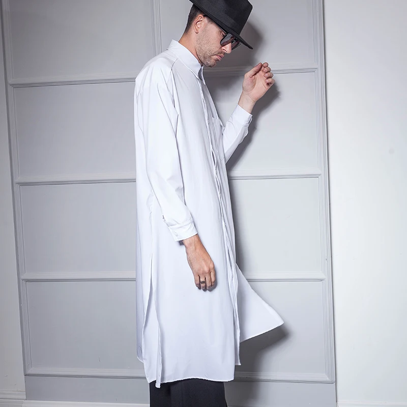 Мужская рубашка с длинным рукавом Супер длинная темно синяя разрезом сбоку