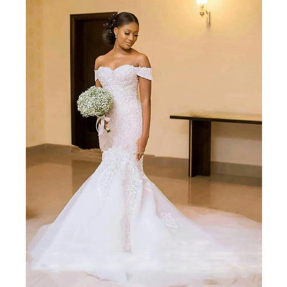 

Sweetheart Mermaid Wedding Dress Appliques Lace Off the Shoulder Bridal Gown Sweep Train Plus Sizes Formal robes de mariée 2020