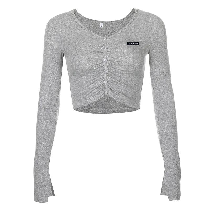 

Autumn Letter Embroidery V-neck pleated sexy long-sleeved T-shirt women