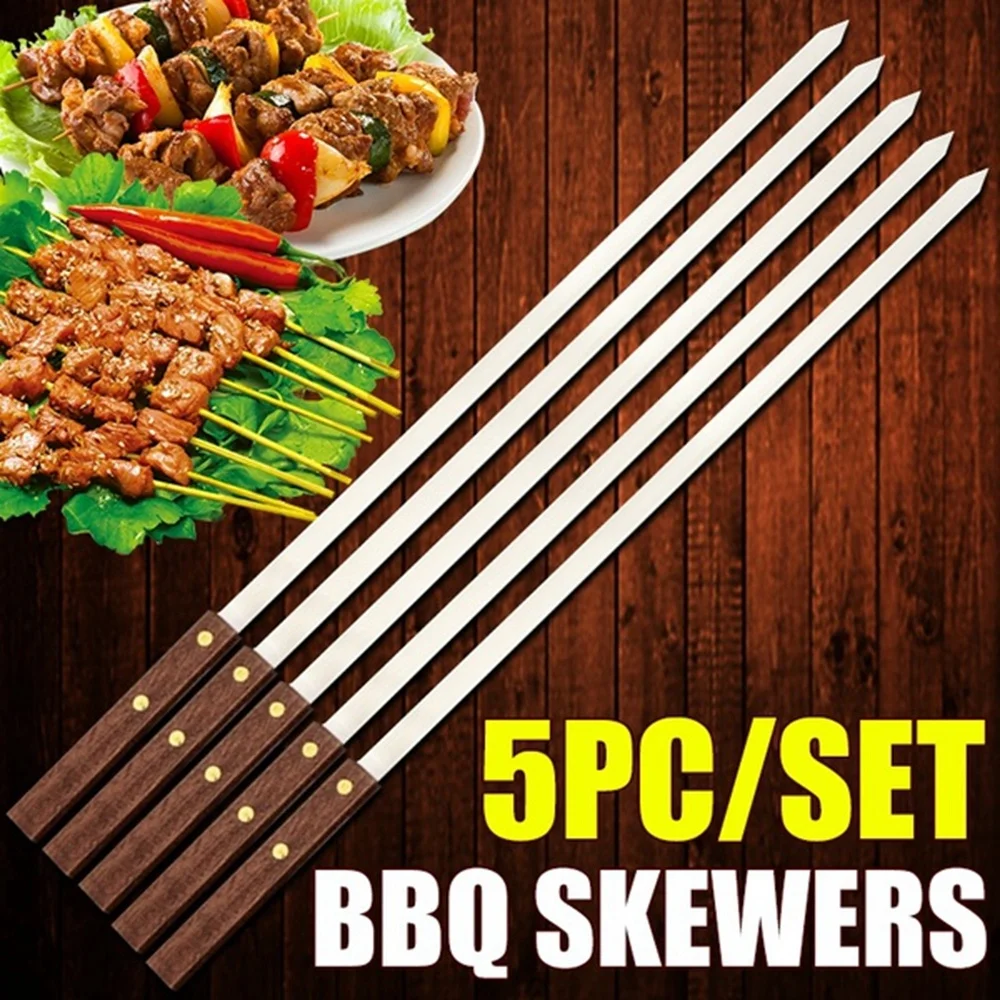 

5Pcs BBQ Grills Skewers Long Handle Barbecue Fork Stainless Steel Brazilian Style Shish Kebab Turkish BBQ Skewer kitchen gadgets