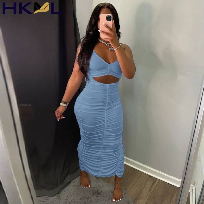 

Woman Cut Out Pleated Dress Solid Halter Lace Up Backless Ruched Slim Sexy Party Midi Dress