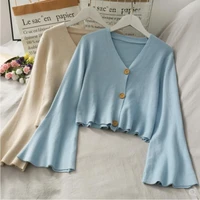 2021 autumn knitted cardigan women button up sweater tops female cardigans long flare sleeve women coats ladies outerwear
