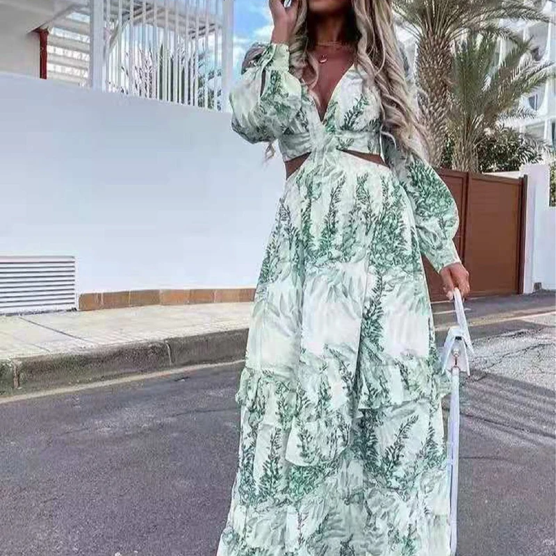 

2021 European And American Summer New Style Daily Long-sleeved Printed Hollow Large-length And Floor-length Dress