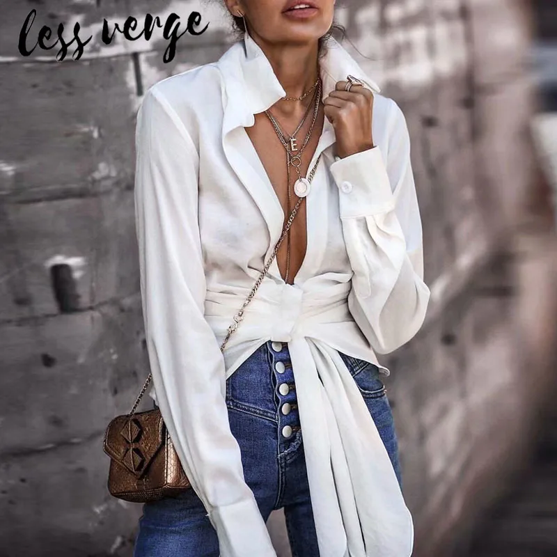 Сексуальная белая блузка Lessverge с глубоким v образным вырезом Женская Осенняя