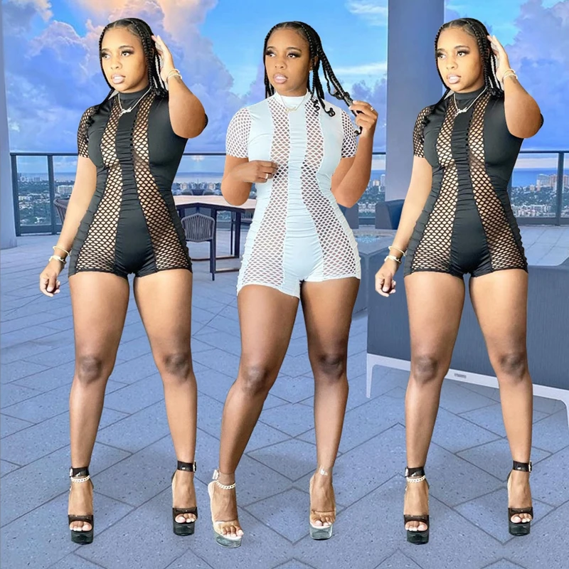 

Сексуальный сетчатый прозрачный Облегающий комбинезон ZKYZWX, летняя одежда с коротким рукавом для женщин, короткие комбинезоны, комбинезоны,...