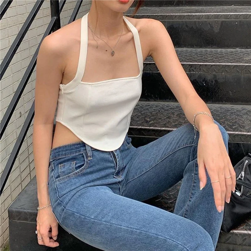 

Women’s Sexy Halter Camisole Summer Fashion Solid Color Boat Neck Exposed Navel Tops