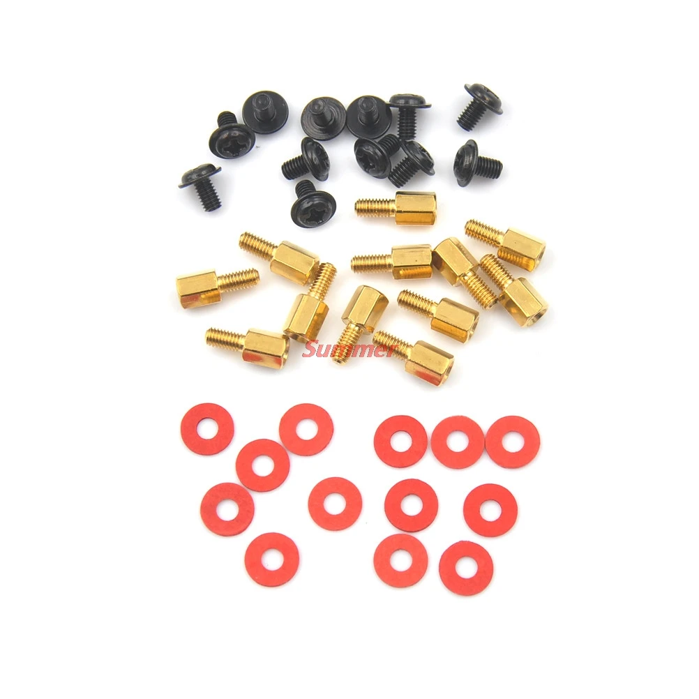 

New 10Pcs 6.5mm 6-32-M3 Computer Golden Motherboard Riser+Silver Screws + Red Washers
