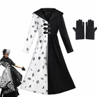 Косплей-костюм Круэлла де Виль, женский костюм, перчатки, Карнавальная одежда для Хэллоуина, Униформа с париком
