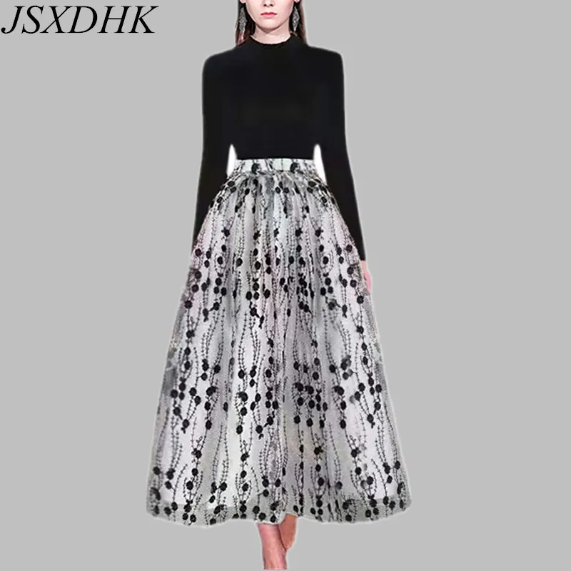 

JSXDHK Runway Women Sweater 2 Piece Set New Autumn O Neck Knitted Black Tops +High Waist Mesh Flower Embroidery Long Skirts Suit