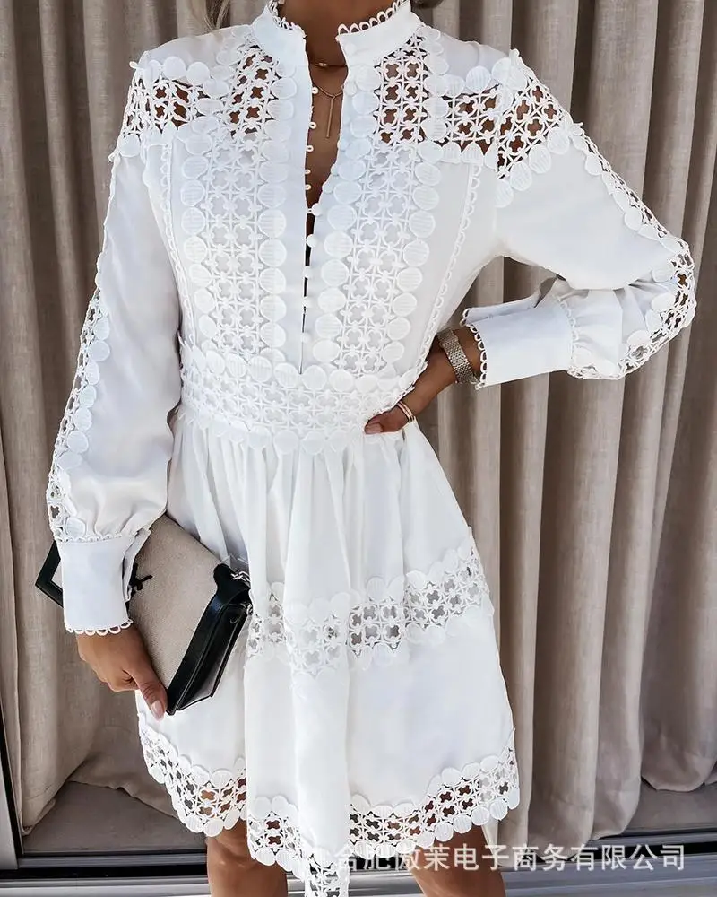 

Women's hollow pattern stitching long-sleeved shirt dress