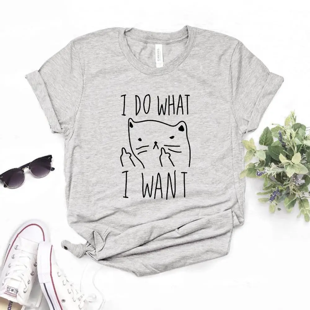 Серый Женская футболка с надписью «i do what i want cat», Повседневная хлопковая хипстерская забавная футболка для девочек, 6 цветов, Прямая поставка, BA-76 - Цвет: Серый