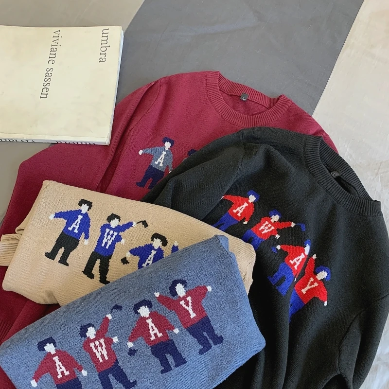 2019 Winter New Japanese Original Villain Knit Short Loose Cartoon Casual Round Neck Long Sleeve Thick Pullover Sweater J635 | Мужская