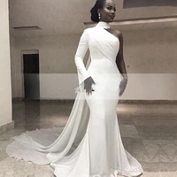 2019 african white high neck satin mermaid long evening dresses one shoulder ruched sweep train party red carpet prom gown