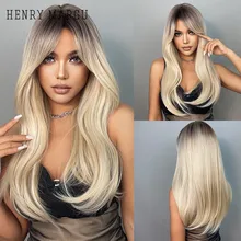 HENRY MARGU Long Blonde Straight Synthetic Wigs with Bangs Light Blonde Platinum Natural Hairs with Dark Root for Daily Cosplay