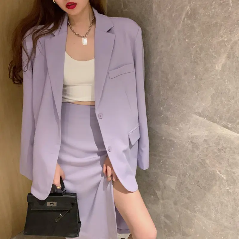 

Women 2021 Summer Blazer Two Piece Suit Set Female Single Breasted Jacket Blazer Ladies Formal Suit High Waist Skirt Sets B01