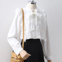 bow tie collar women shirt ruffle solid white long sleeve female tops single breasted formal elegant office ladies shirts