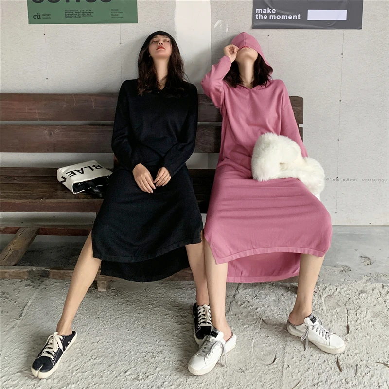 

Women Hoody Dress Solid Streetwear Knitting Casual Autumn Spring Slim Female Long Sleeve Dresses B2