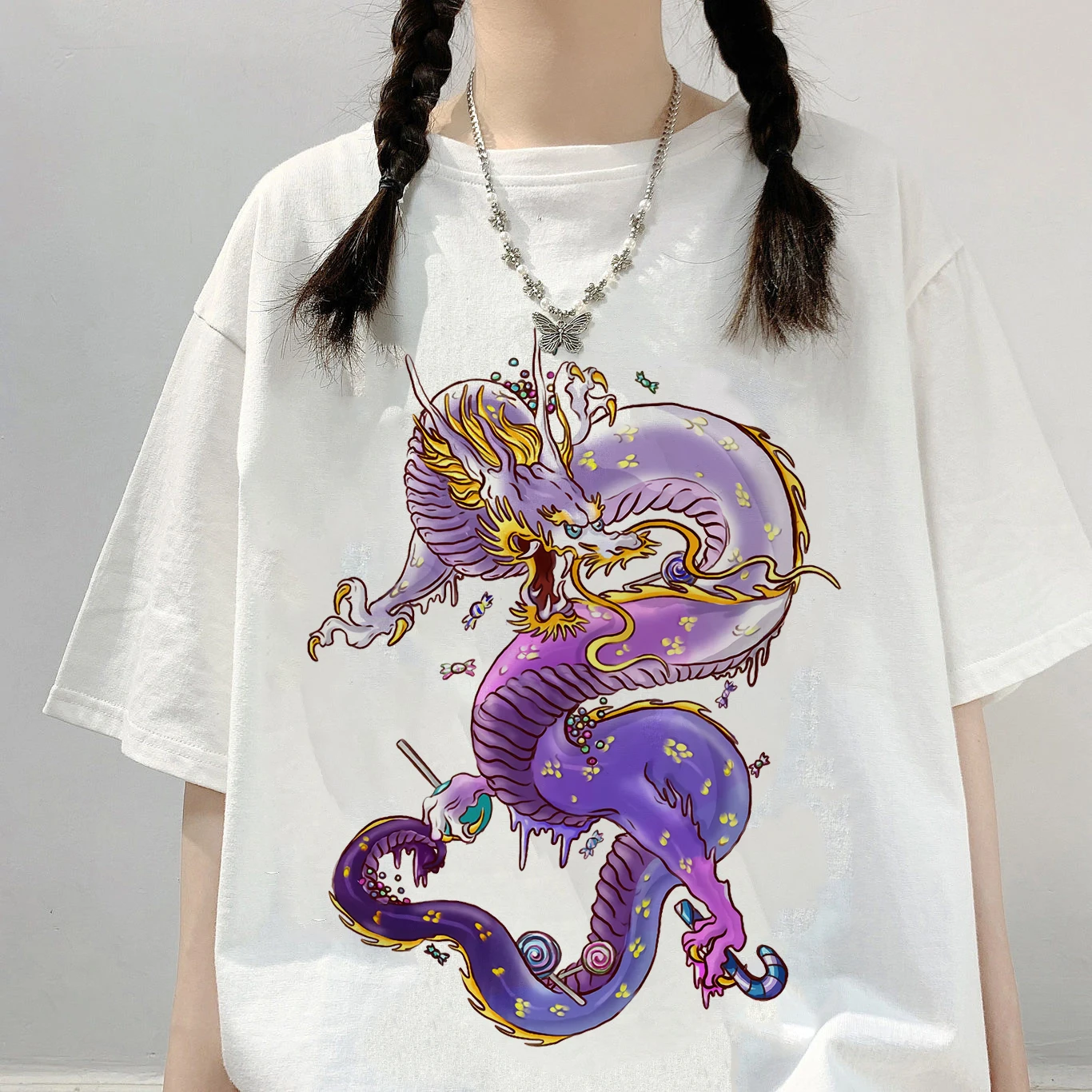 

Футболка женская оверсайз с рисунком дракона и аниме, топ с коротким рукавом в стиле Харадзюку, Винтажная футболка с графическим принтом в г...