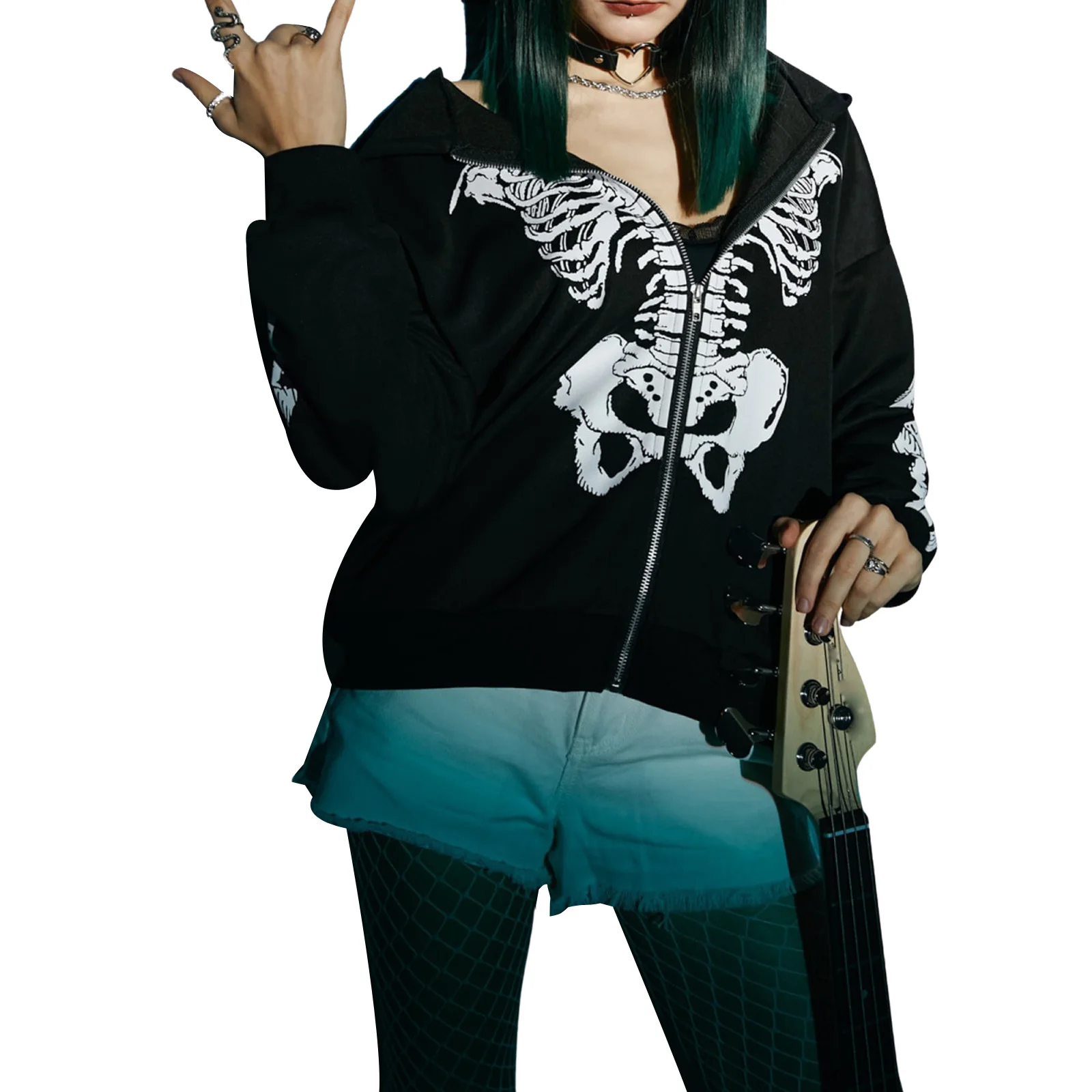 

Women Hooded Coat Long Sleeve Skeleton Pattern Elastic Cuff Casual Sports Loose Jacket Gothic Dark
