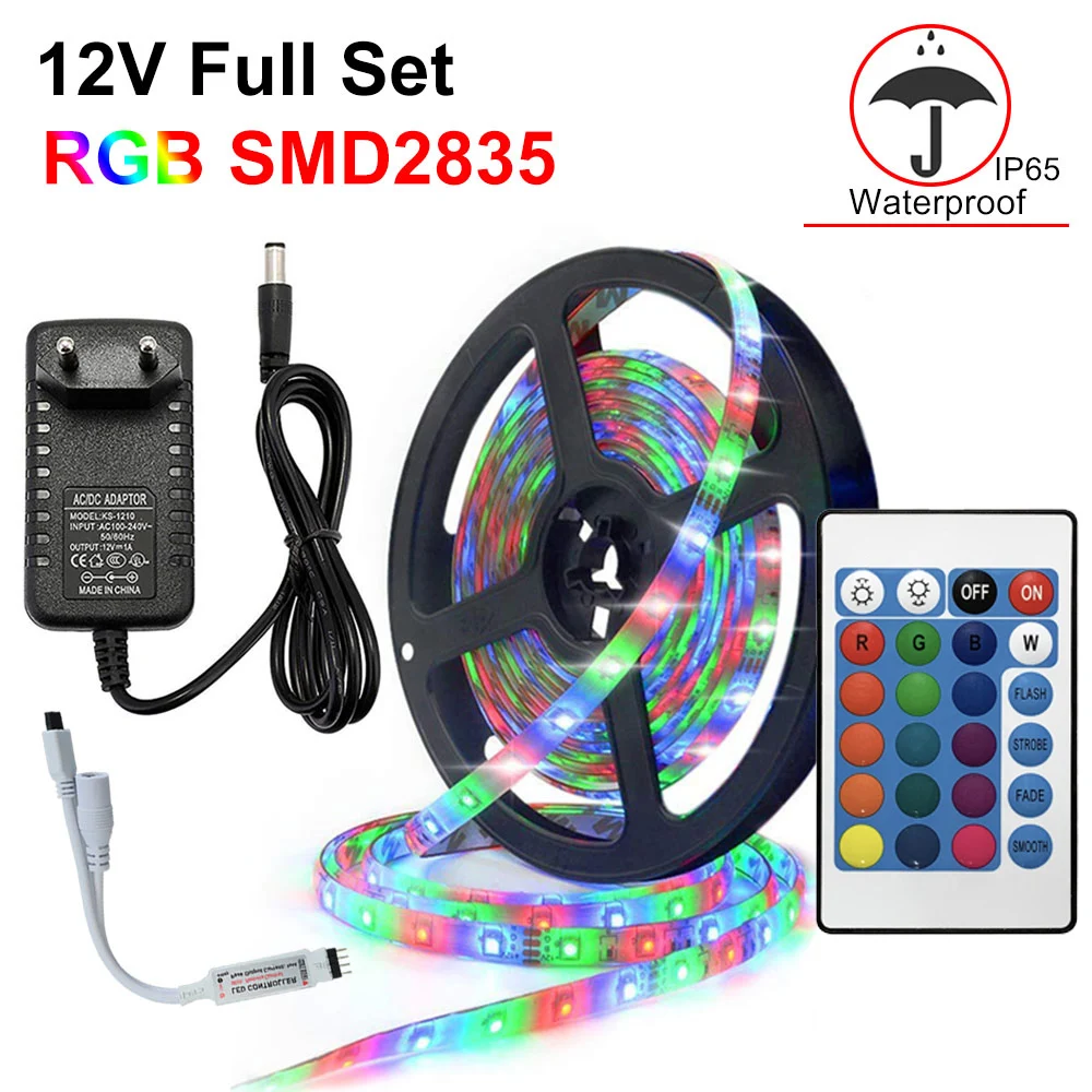 

Светодиодные ленты Luces LED RGB SMD 2835 Гибкая Водонепроницаемая Диодная лента 5 м 10 м 15 м DC 12 В пульт дистанционного управления + адаптер
