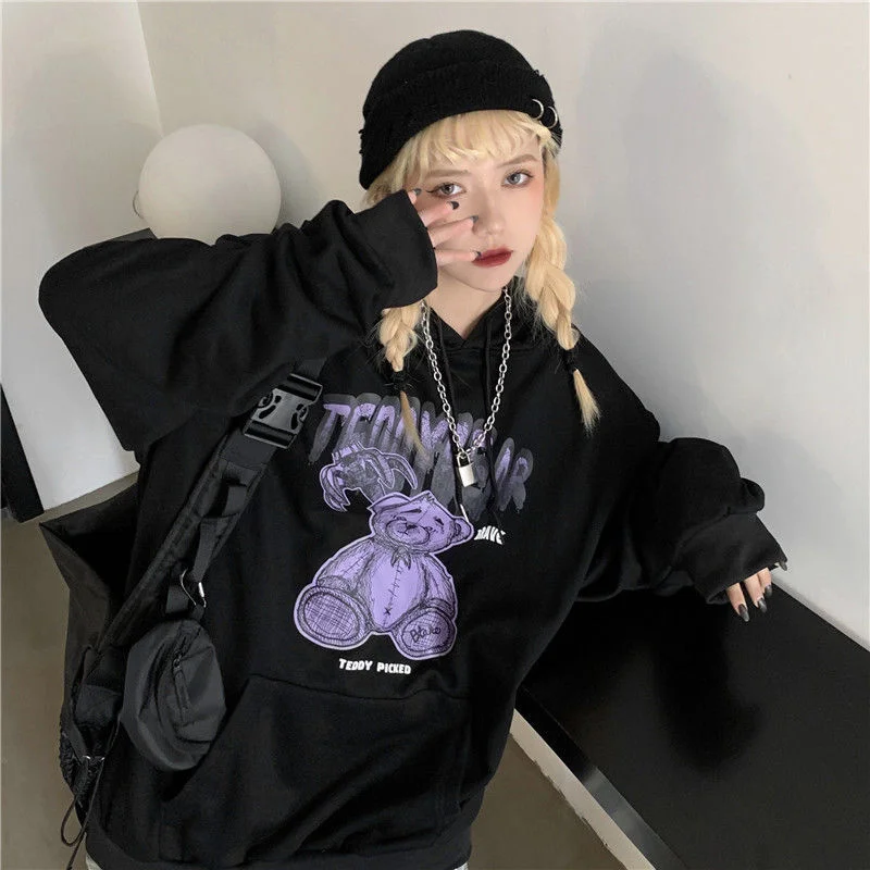 

Women Hoodie Harajuku Couple Outfit Bear Print Anime Hoodies Women Goth Hoody Kawaii Sweatshirt Tops Long-sleeved Female