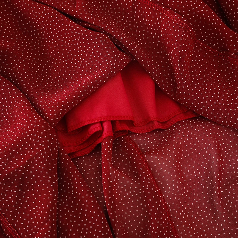 Новое Осеннее тонкое шифоновое платье в горошек с v образным вырезом пуговицами и