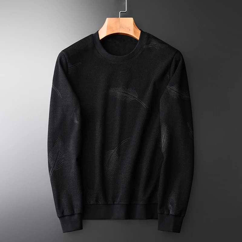 

Men Black Sweatshirts Luxury Yarn Dyed Dark Grain Round Collar Sweatshirt Male Spring And Autumn Slim Mens Hoodies 4XL