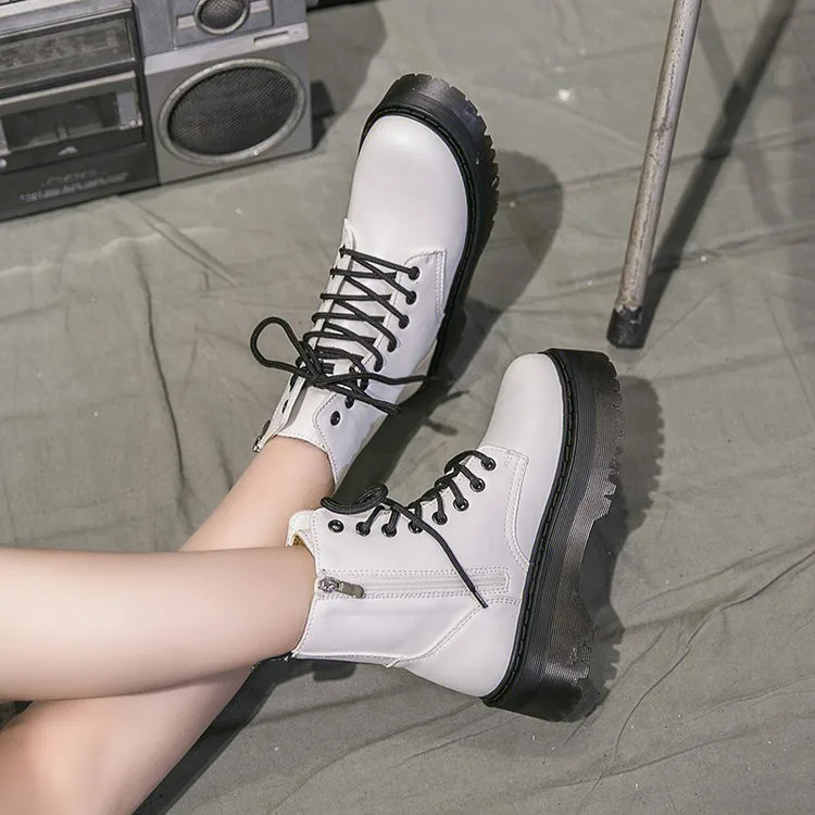 Ботинки женские кожаные на платформе со шнуровкой белые | Обувь