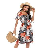 2021 burst french floral v neck low cut knee length bow tie short sleeved dress women europe and america summer