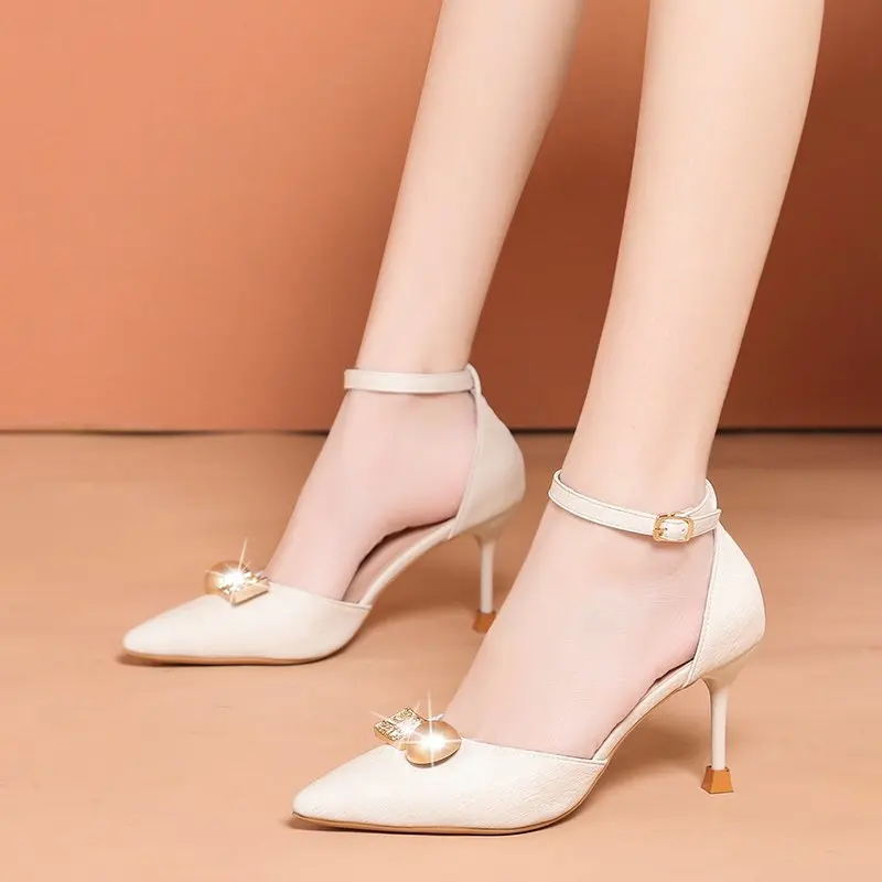 

Llogai Women Pumps Fashion Pointed Toe Buckles Strap Stiletto Heels Lady Cute Sweet Wedding Shoes Summer Stiletto Tacones Mujer