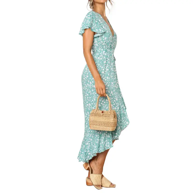 Женское летнее асимметричное платье миди с v-образным вырезом и коротким рукавом