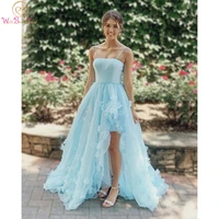 blue tulle long a line prom dress evening gown short front long back spaghetti strap floral elegant womens formal dresses