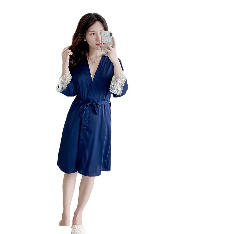 Sexy Nightgown Women Summer Silk Cardigan Robe Fresh Lovely Spring Autumn Home Bathrobe Thin Size Female Nightwear Sleepwear