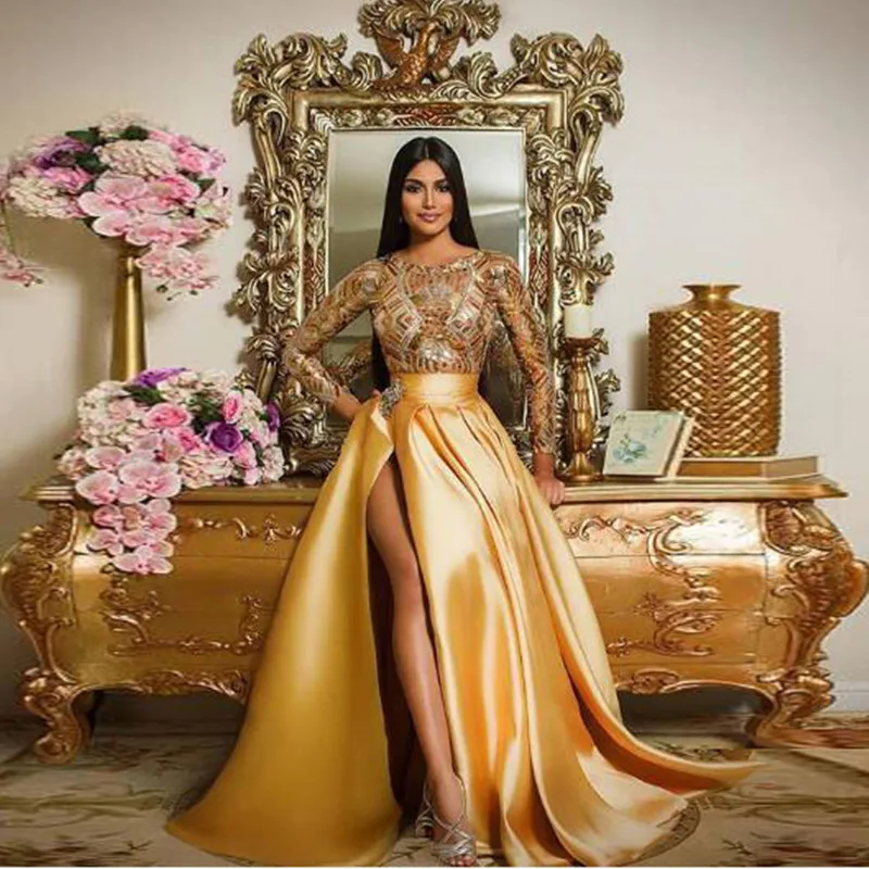 

Gold Skirt With Slit No Beads No Crystal Pleated Skirt New Arrival Saia faldas 2020 Women Skirts Maxi