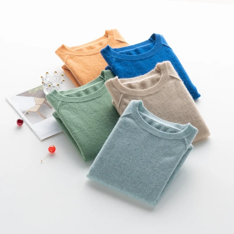 

100% pure cashmere short-sleeved pullover for women with loose and low round neck top knit bottom new cashmere sweater