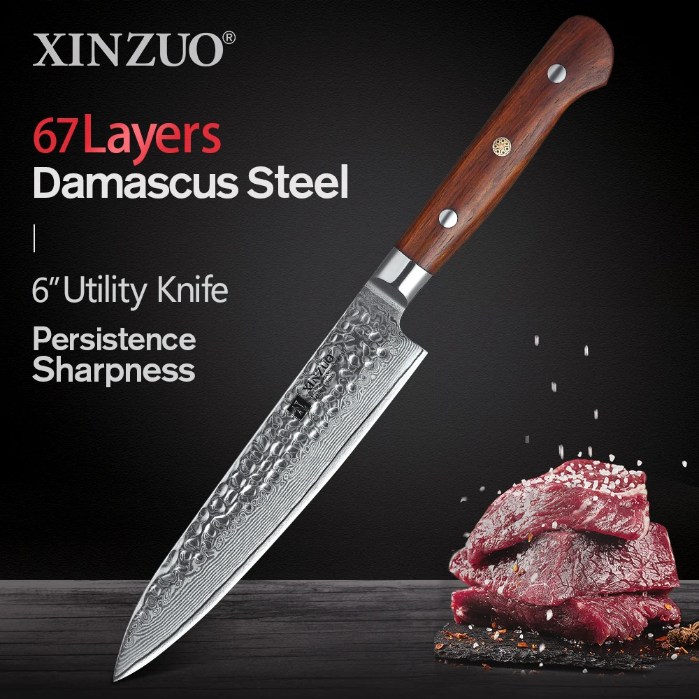 XINZUO 6 inch Utility Knife Damascus Steel Kitchen Vegetable Knives Stainlesss Salad Peeling Rosewood Handle|Кухонные ножи| |
